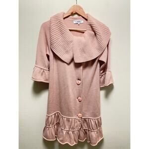 Tibi Womens Cardigan Size XS Pink Merino Wool Blend Shawl Collar Ruffle Hem